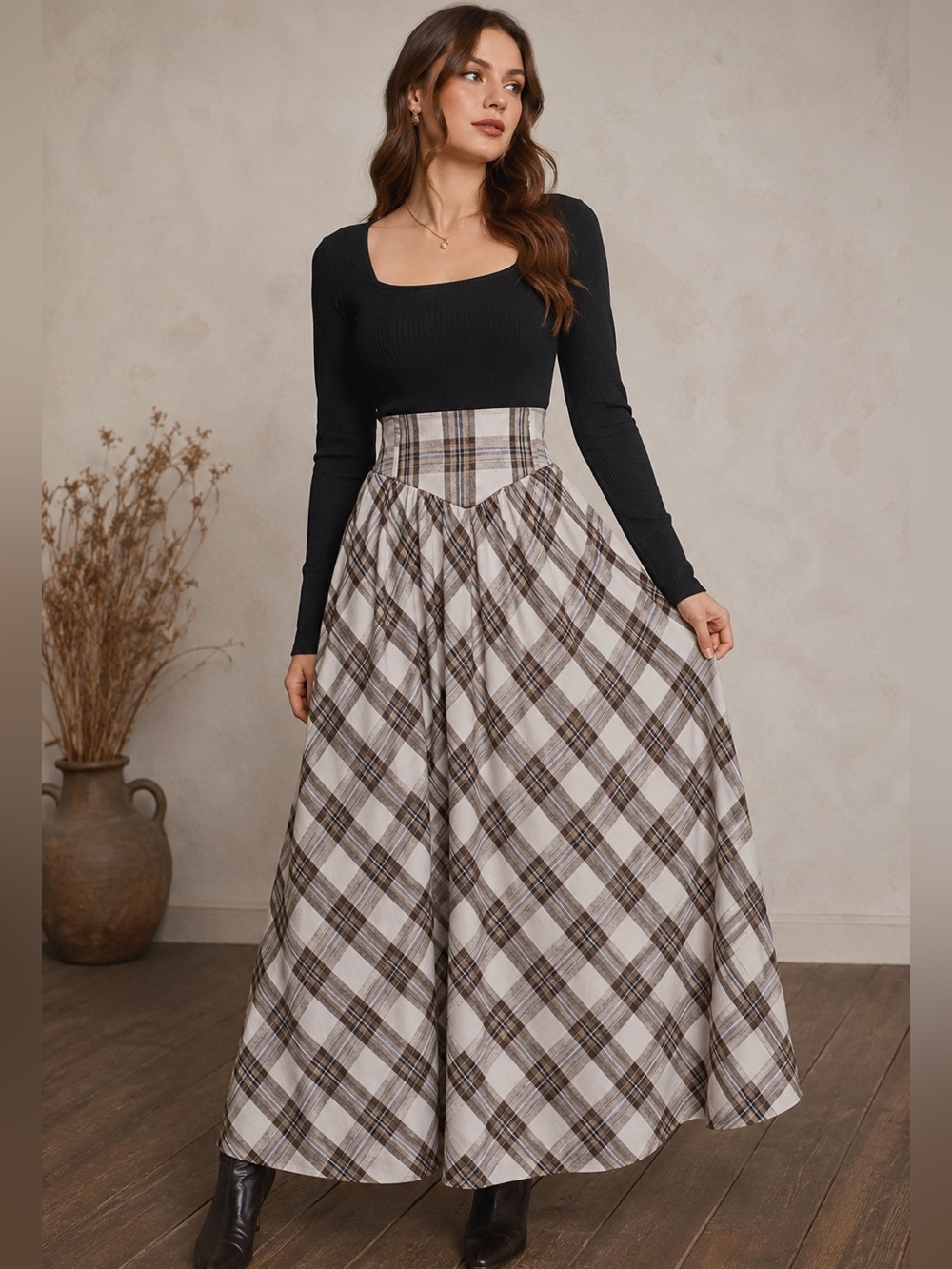 Scarlet Darkness Renaissance Plaided Swing Maxi Skirt Sz L NWT Ivory Brown